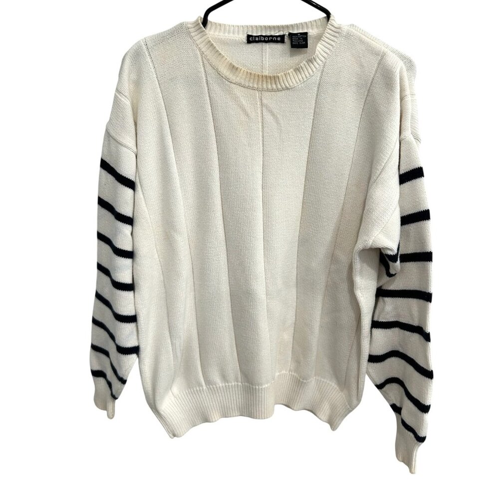Vintage Claiborne Striped Sleeve Ivory Sweater Cotton Crew Neck Sz M